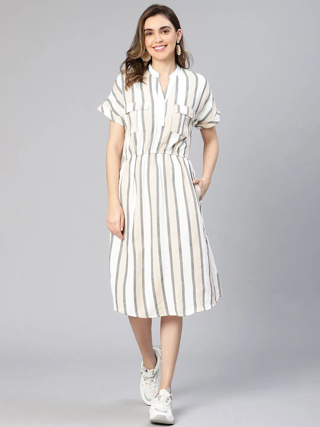 Women's Elegant Evening Outfit Replusive Stripe Print Elastiacted Women Cotton Dress
