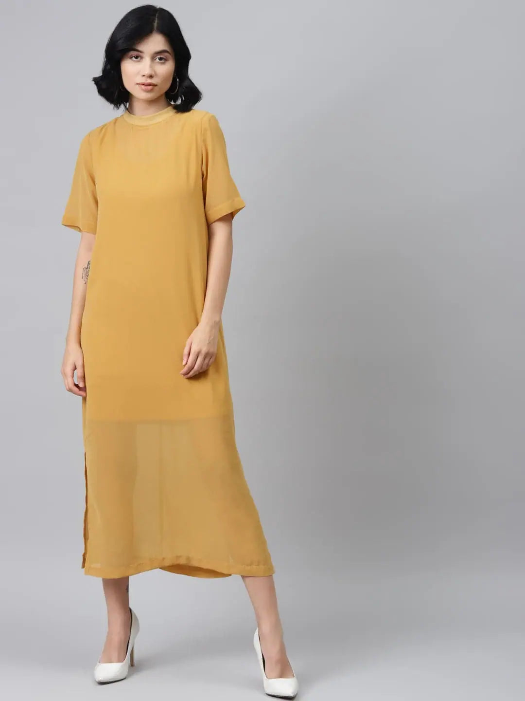 Modern Women's Apparel Mustard Sheer Sheath Dress with Inner