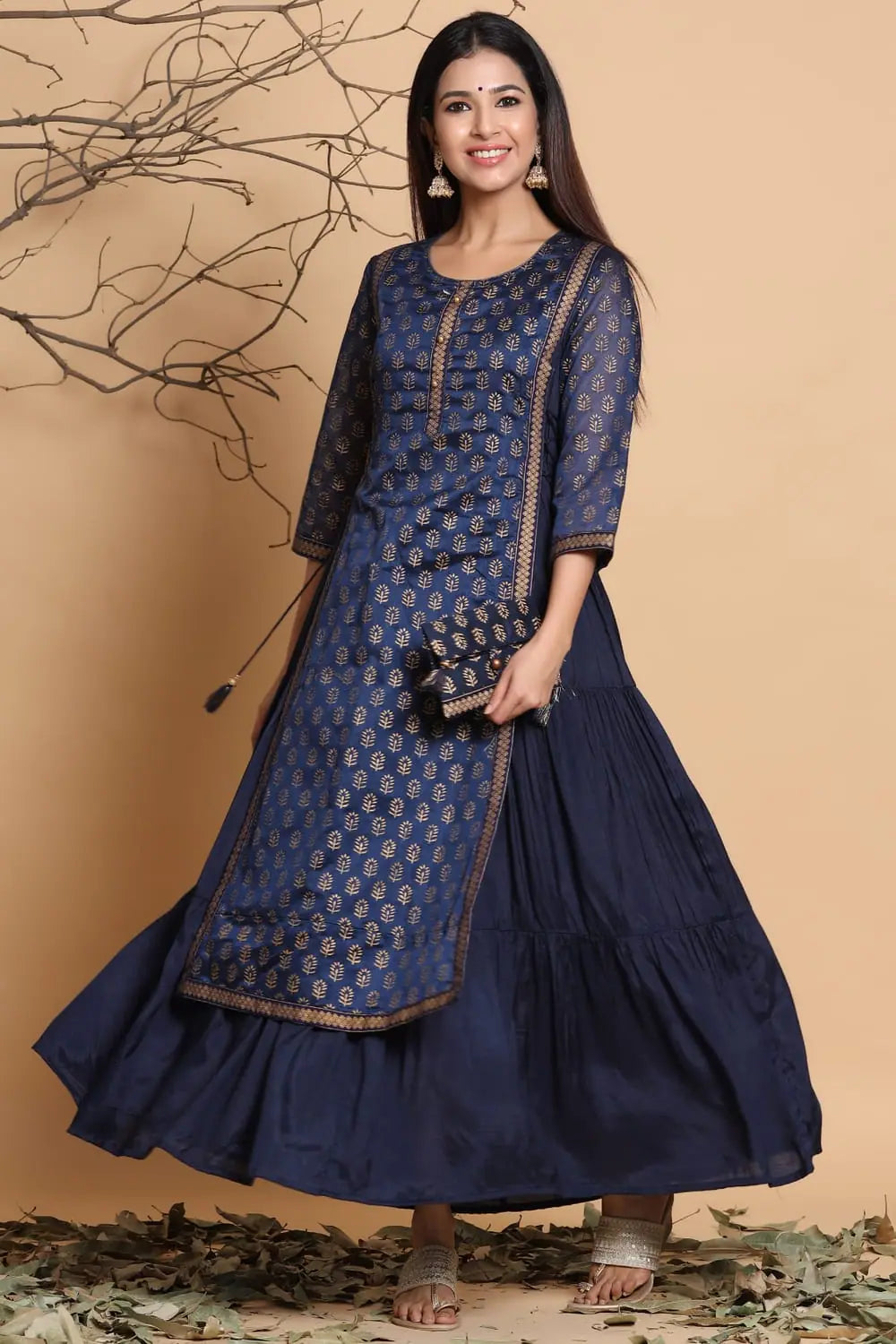 Chic Women's Clothing Juniper Navy Chanderi Silk Printed Layered Kurta Dress With Purse & Hair-Band