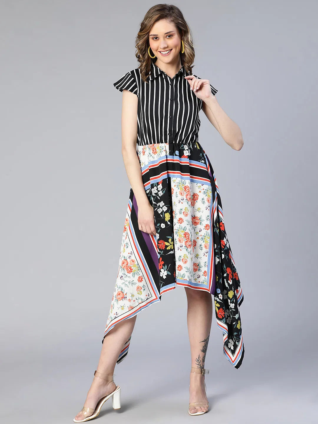 Women's Activewear Garments Women Scarf Print With Stripe Printed Mix & Match High-Low  Polyester Dress-S23226WDR001