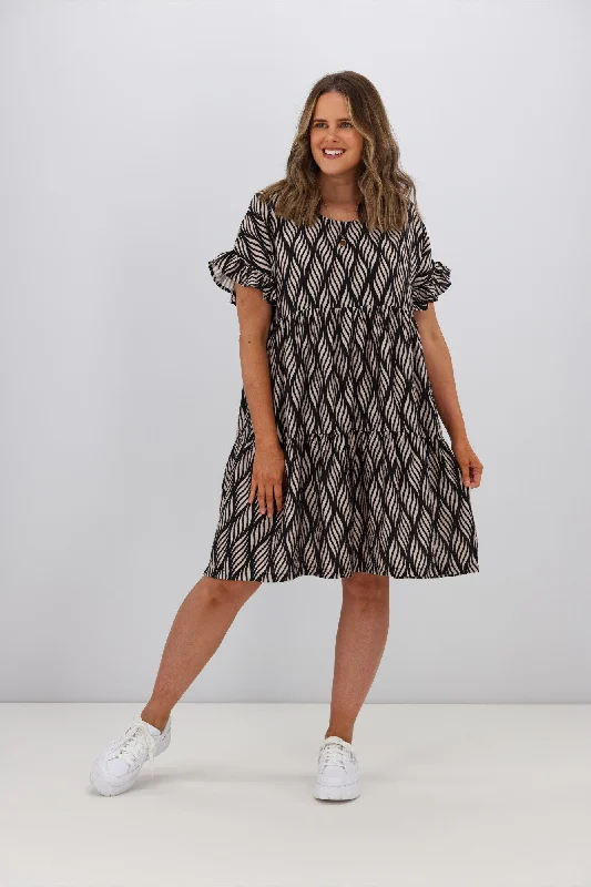 Stylish Everyday Clothing Gloss by Shine On Bramley Frill Sleeve Dress Spiraling Geo Print
