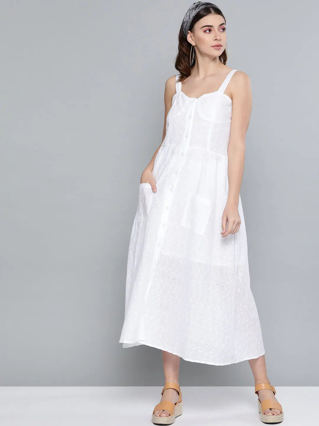 Women's Clothing Online White Schiffli Front Button Strappy Dress