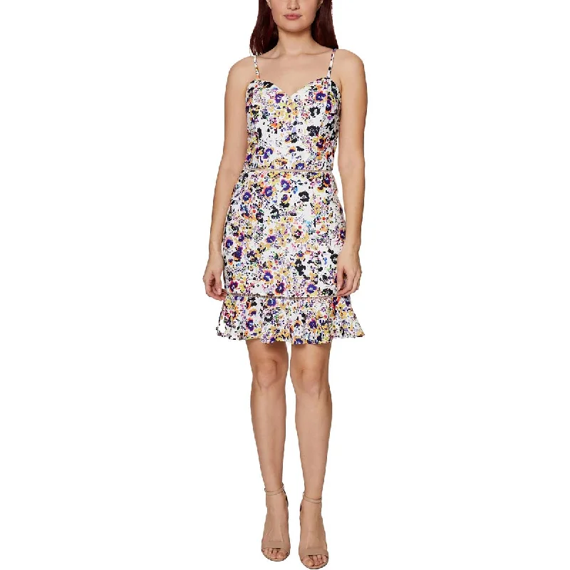 Rocker Chic Fashion Betsey Johnson Womens Petites Ruffled Hem Watercolor Print Fit & Flare Dress