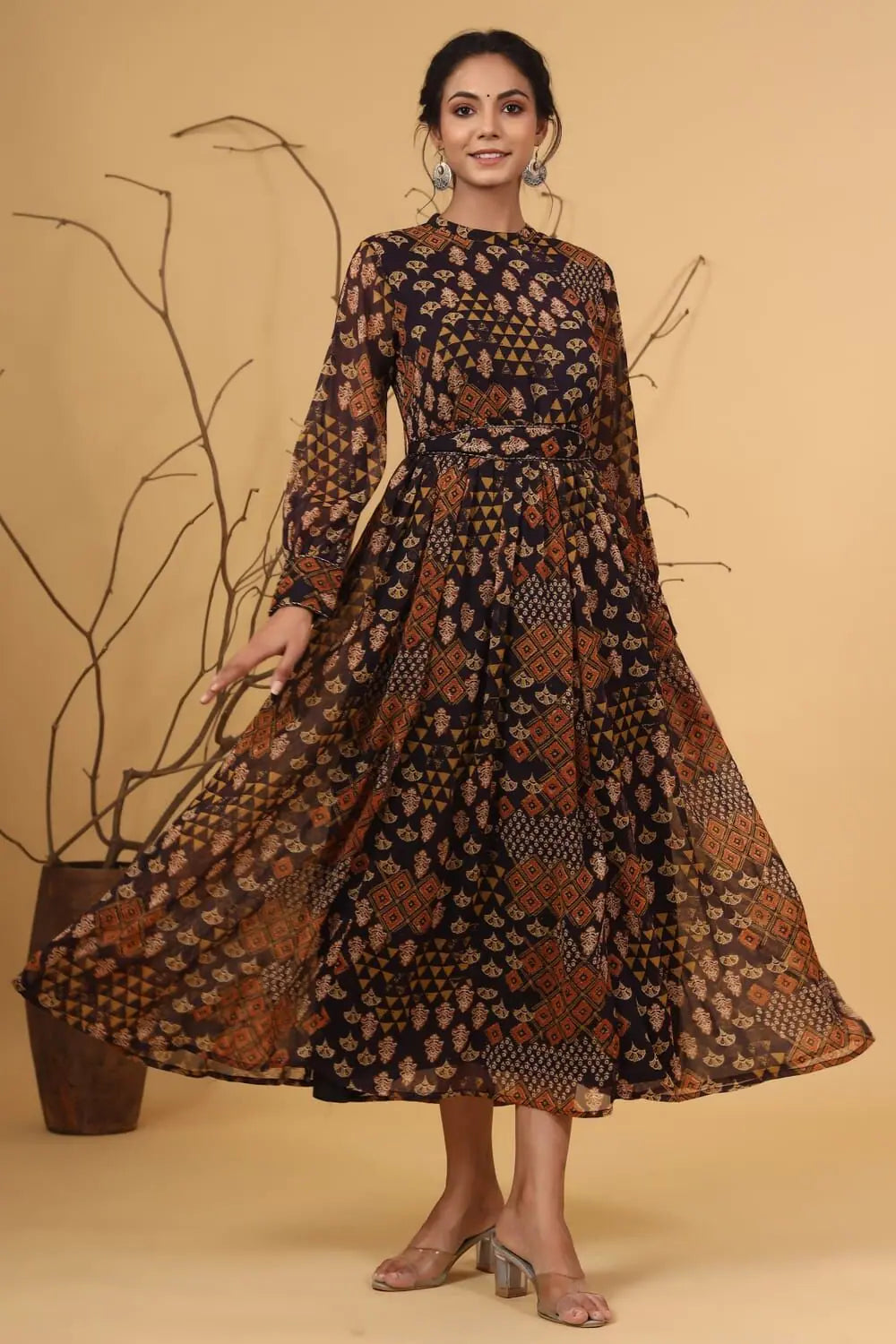 Modern Women's Apparel Juniper Multi Chiffon Flared Printed Dress With Tie-up Blet