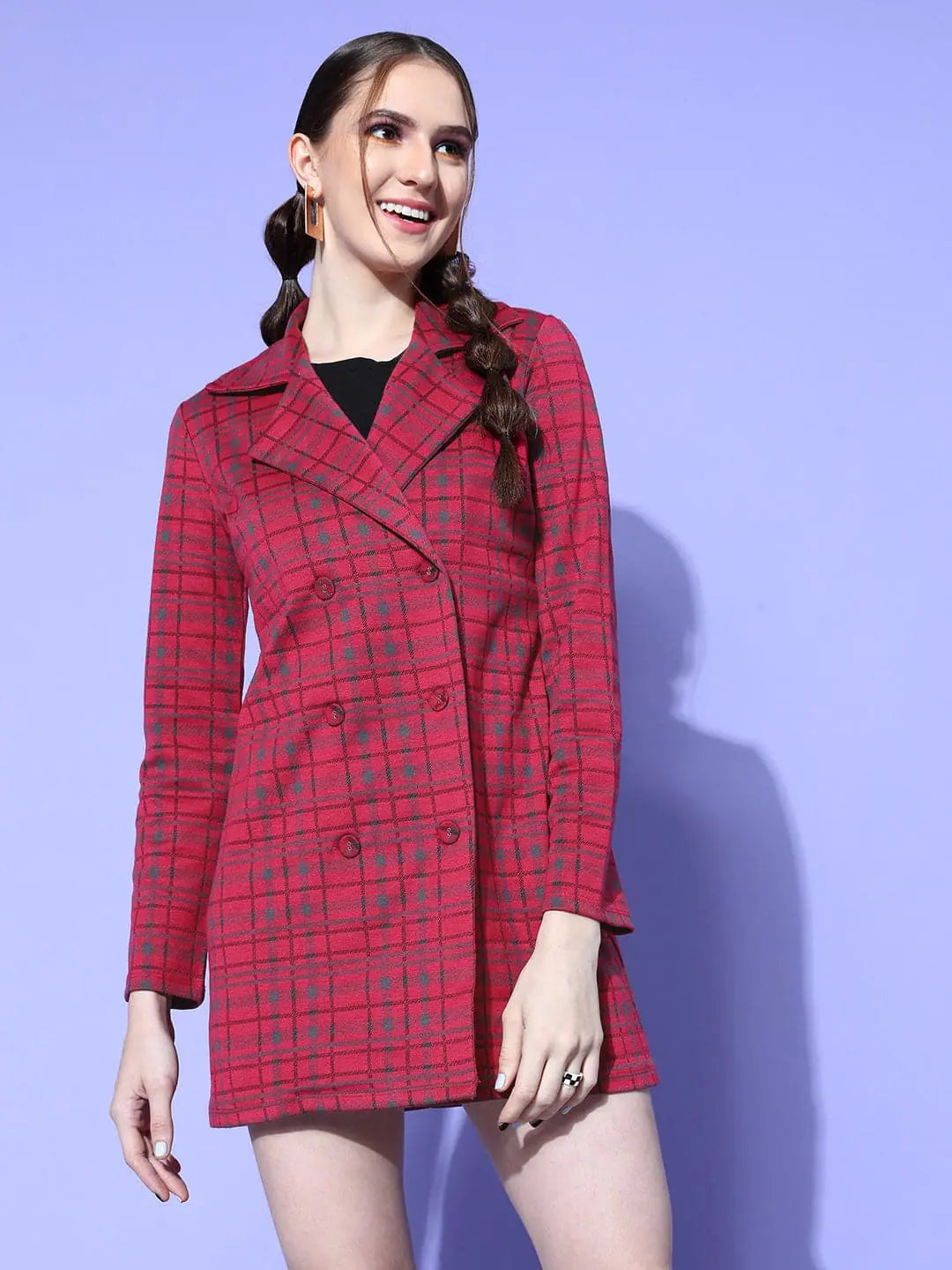 Comfortable Women's Outfits Women Fuchsia Check Mini Blazer Dress