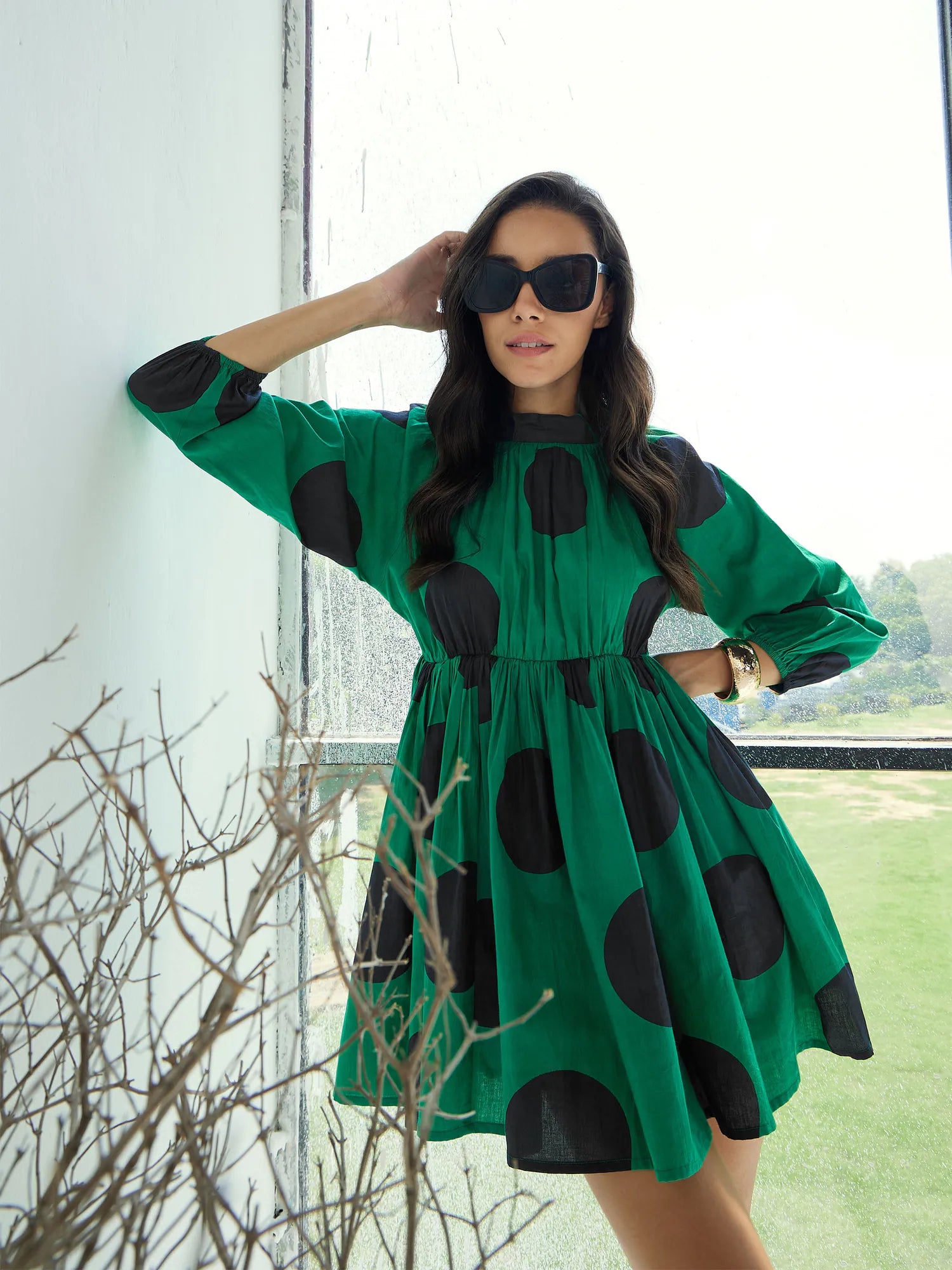 Women's Outfit For The Office Women Green Back Cut Out Polka Dot Dress-SFDRSS12445