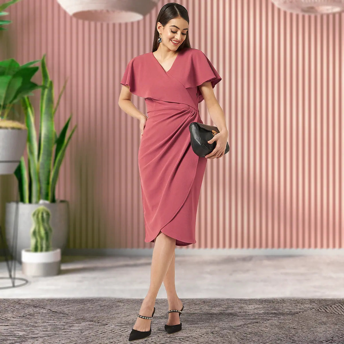 Luxury Women's Clothing Fit And Flare Dress With Front Overlaping