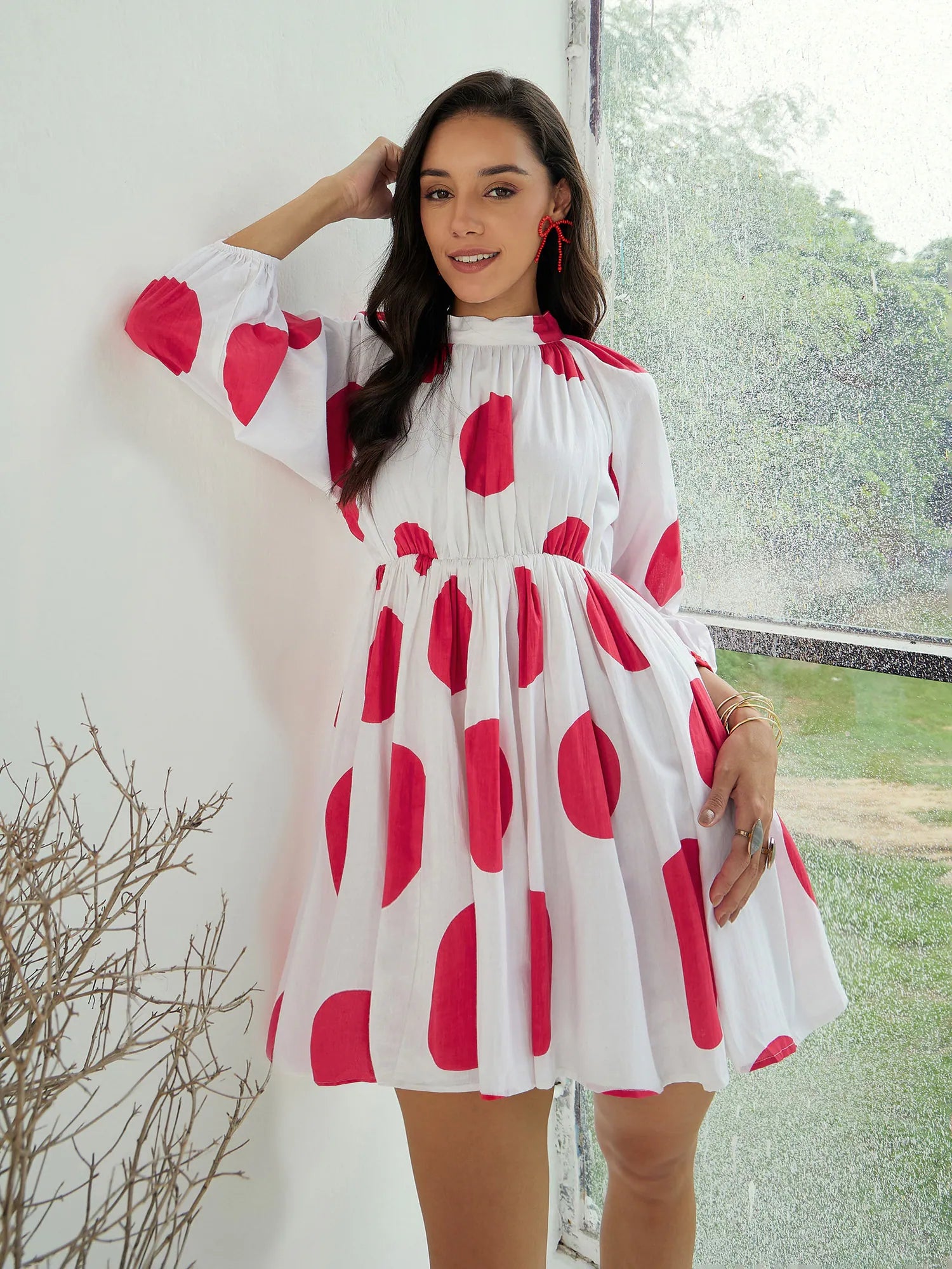 Casual Chic Women's Clothes Women White Back Cut Out Polka Dot Dress-SFDRSS12446