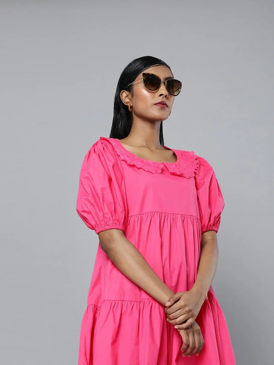 Graceful Fashion Fuchsia Embroidered Collar Tiered Dress