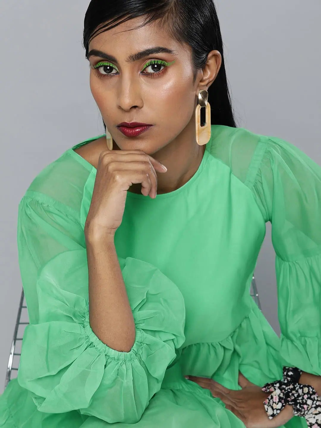Online Boutique Stores Green Organza Drop Shoulder Tiered Dress