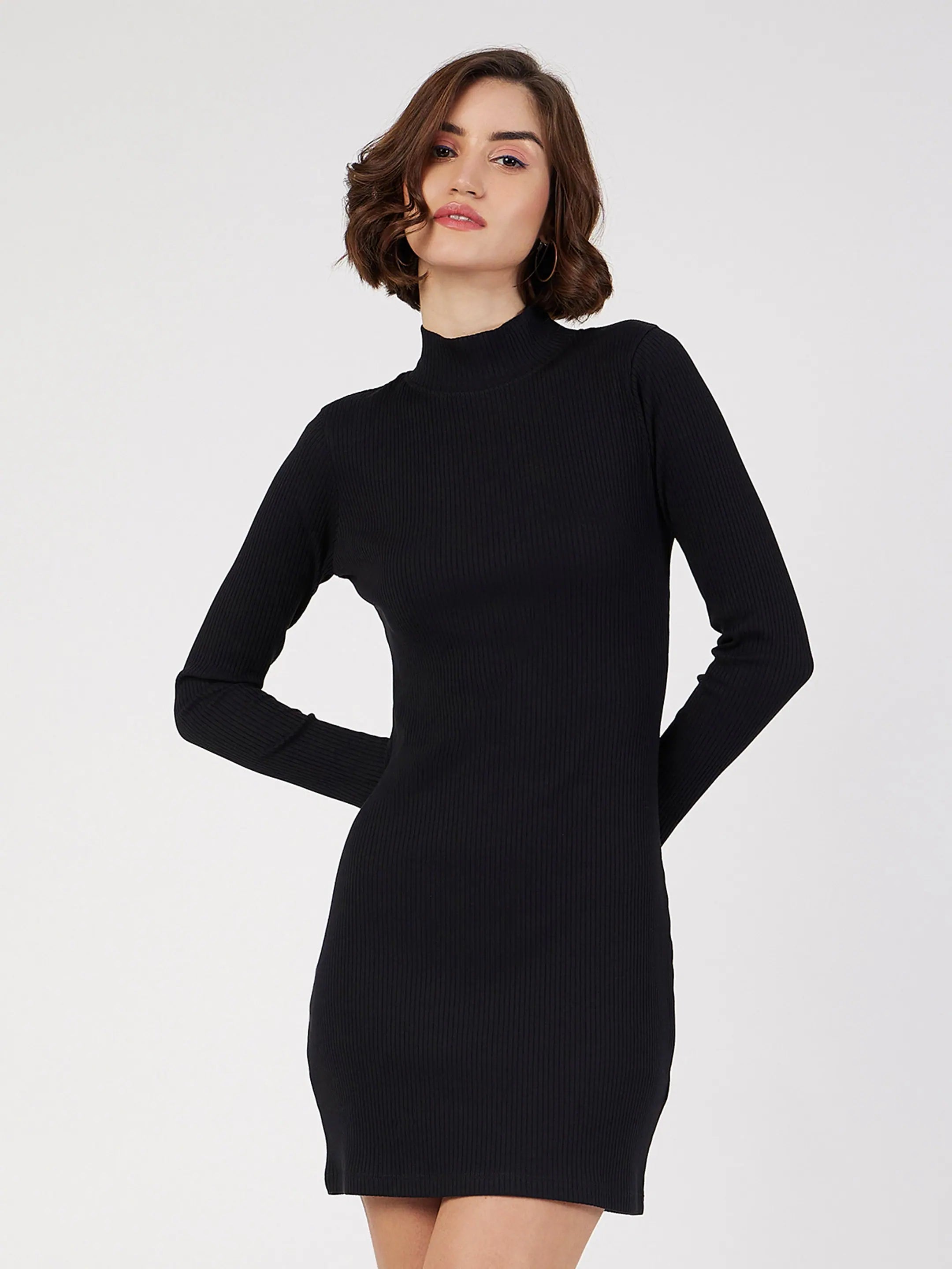 Women's Seasonal Fashion Trends Women Black Rib Turtle Neck Short Dress