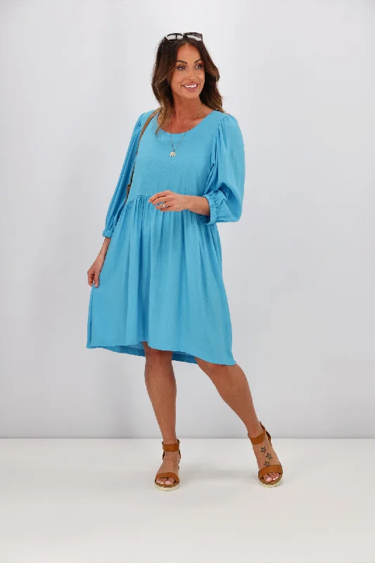 High End Women's Wear Shine On Label Blanchet Gathered Sleeve Dress Sky Blue