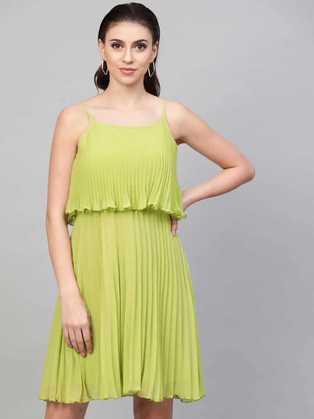Clothing Woman Mint Green Pleated Short Strappy Skater Dress