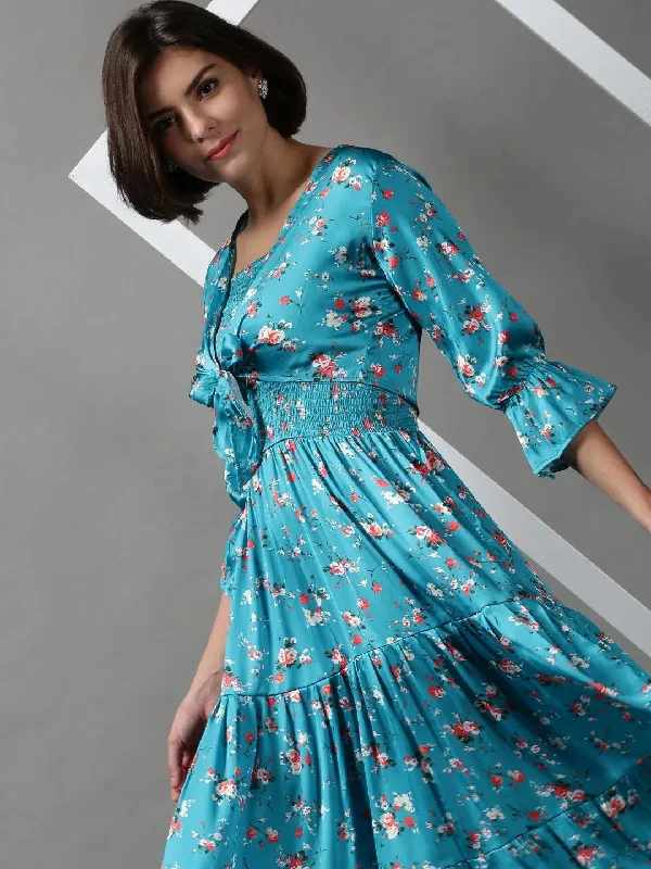 Women's Vacation Outfit Women's Blue Printed Fit and Flare Dress-AE-15619-Turquoiseblue