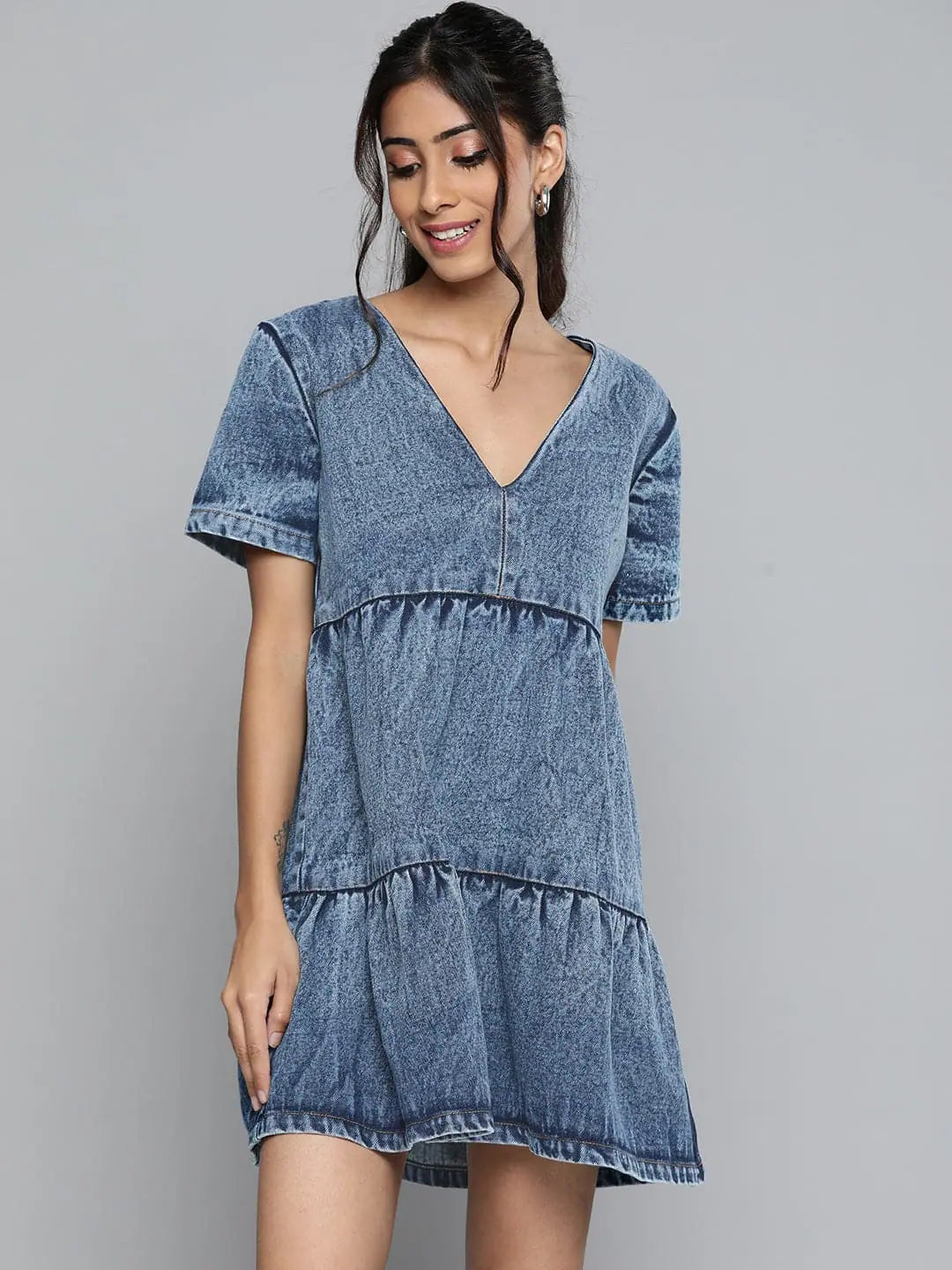 Affordable Online Boutiques Blue Denim Tiered Shorts Dress