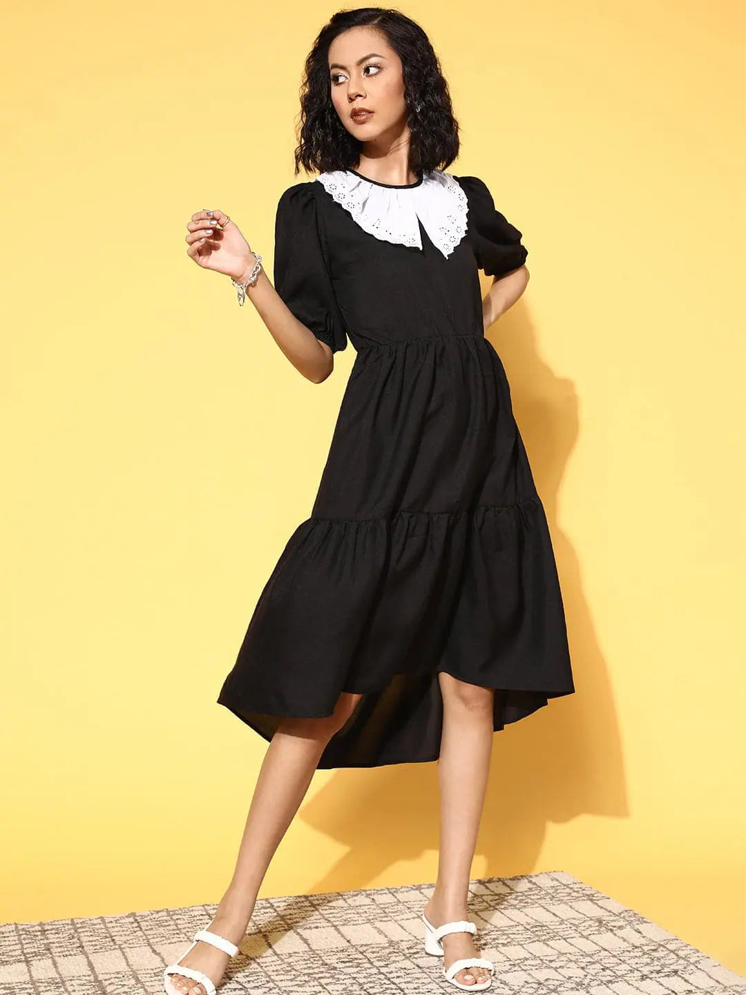 Casual Style for Busy Women Women Black With White Big Schiffli Collar Tiered Dress