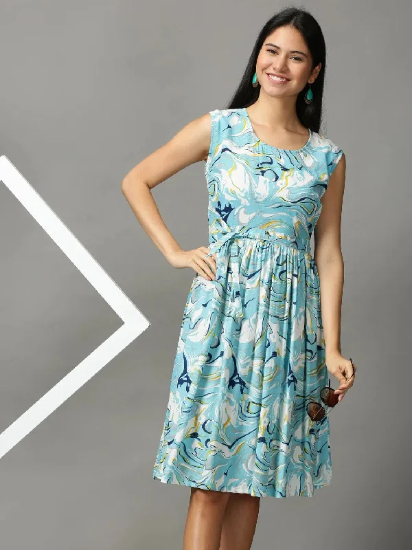 Women's Clothing Sets Women's Blue Printed Fit and Flare Dress-NJ-3005268A-Blue