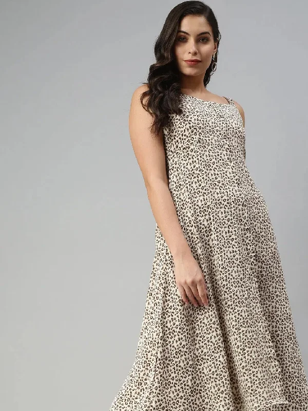 Unique Women's Fashion Pieces Women's Animal Beige Fit and Flare Dress-AE-9921-Beige