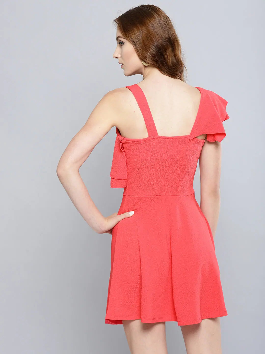 Clothing For Women Coral One Shoulder Frilled Skater Dress