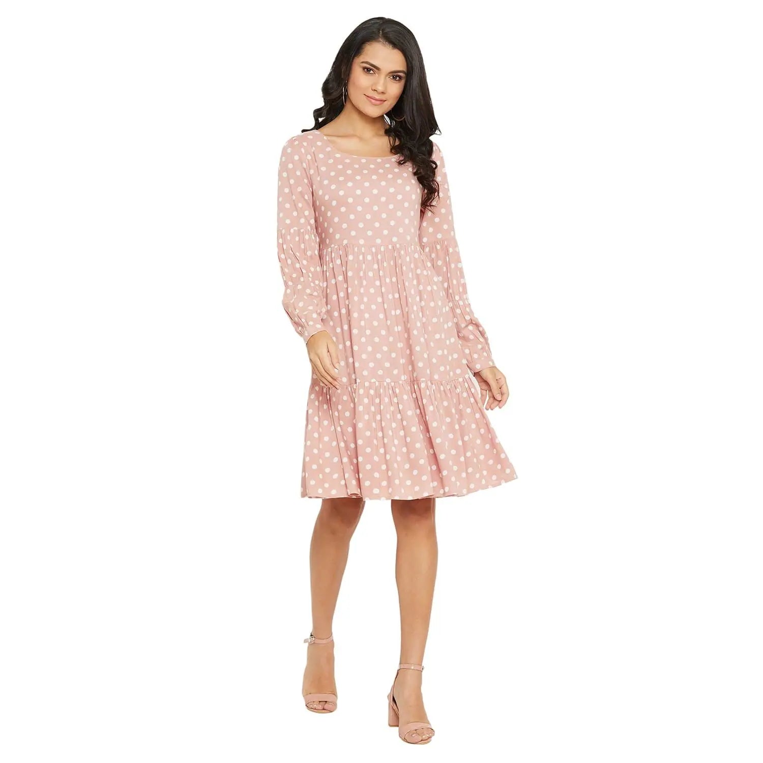 Women's Online Boutique Adults-Women Pink Polka Dot Tiered A-line Dress