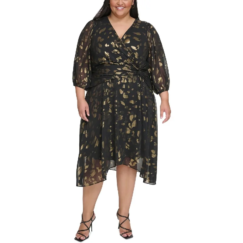 Women's Elegant Clothing Sets DKNY Womens Plus Faux Wrap Hi-Low Fit & Flare Dress