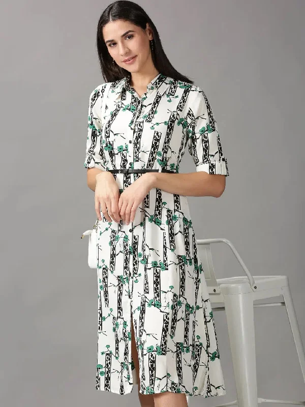 Plus Size Women's Fashion and Clothing Women's White Printed Fit and Flare Dress-AE-444132-Offwhitegreen