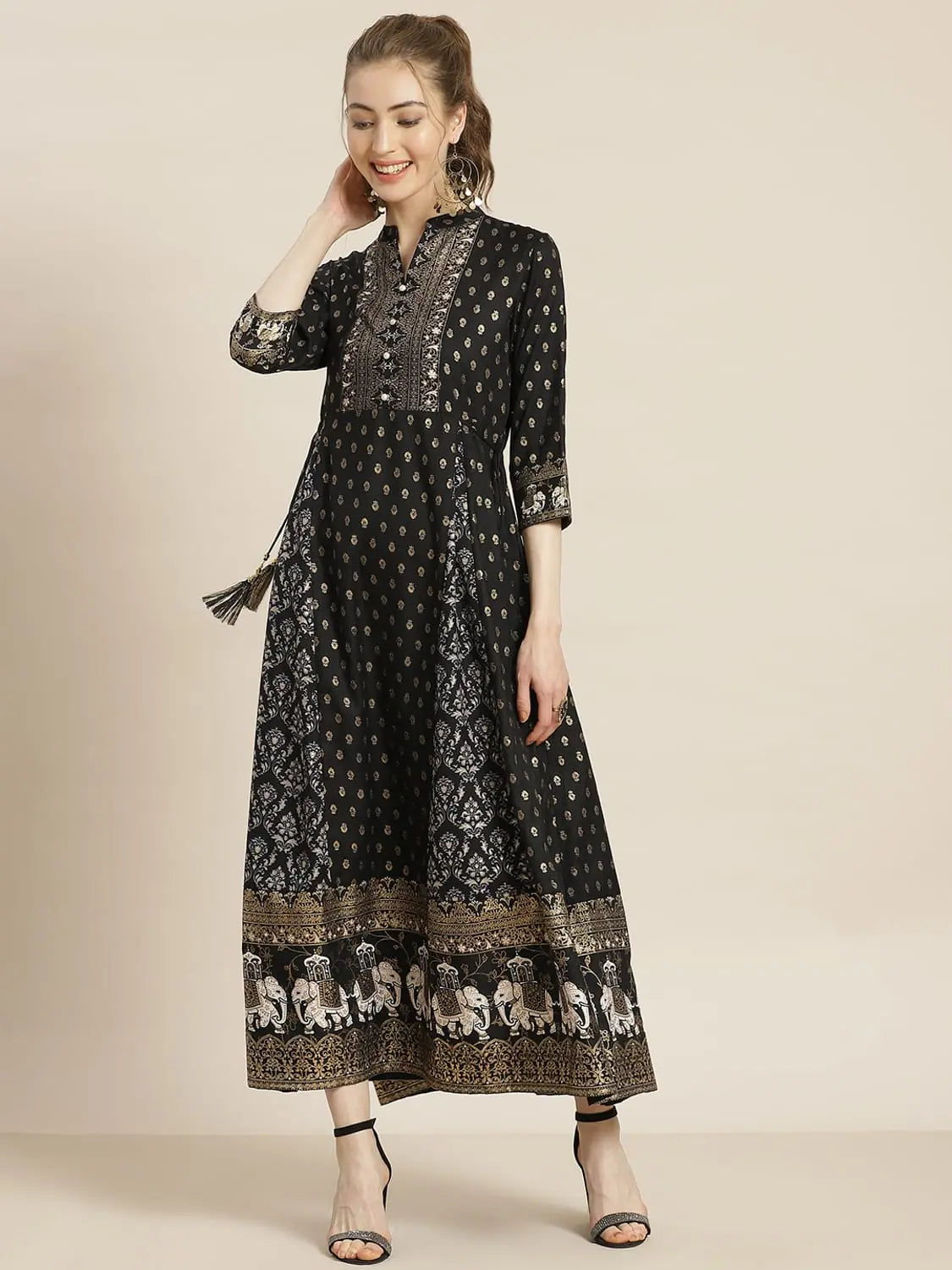 Women's Layered Outfit Juniper Black Rayon Printed Anarkali Dress