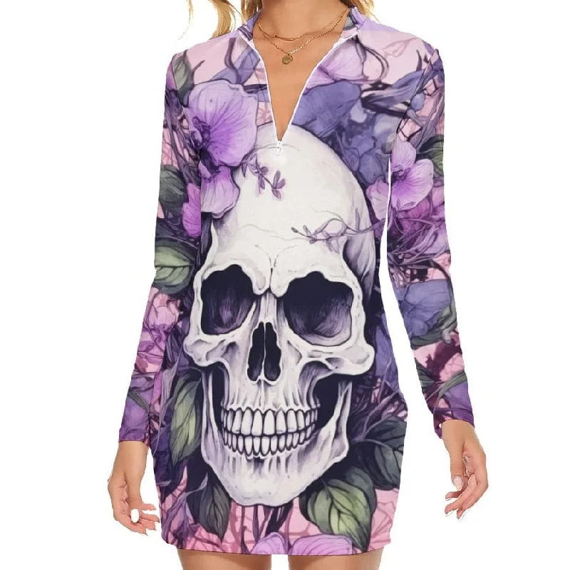 Chic Women's Clothing for Work and Travel Women's Purple Flower Skull Zip Front Tight Dress