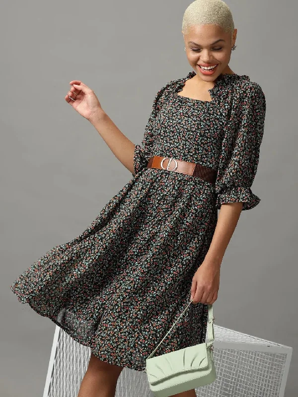 Luxury Women's Clothes Women's Black Printed Fit and Flare Dress-HQ-2-Black