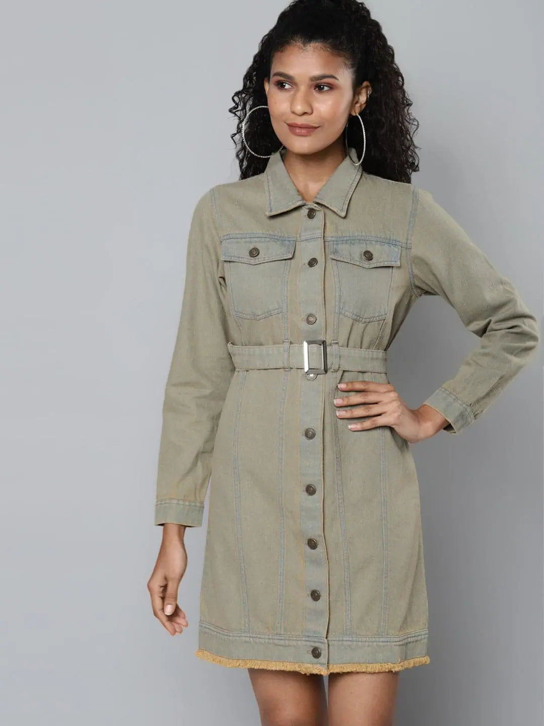 New Arrival Discounts Grey Blast Wash Denim Belted Dress