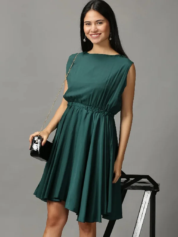 Women's Everyday Garments Women's Green Solid Fit and Flare Dress-AE-15755-Green