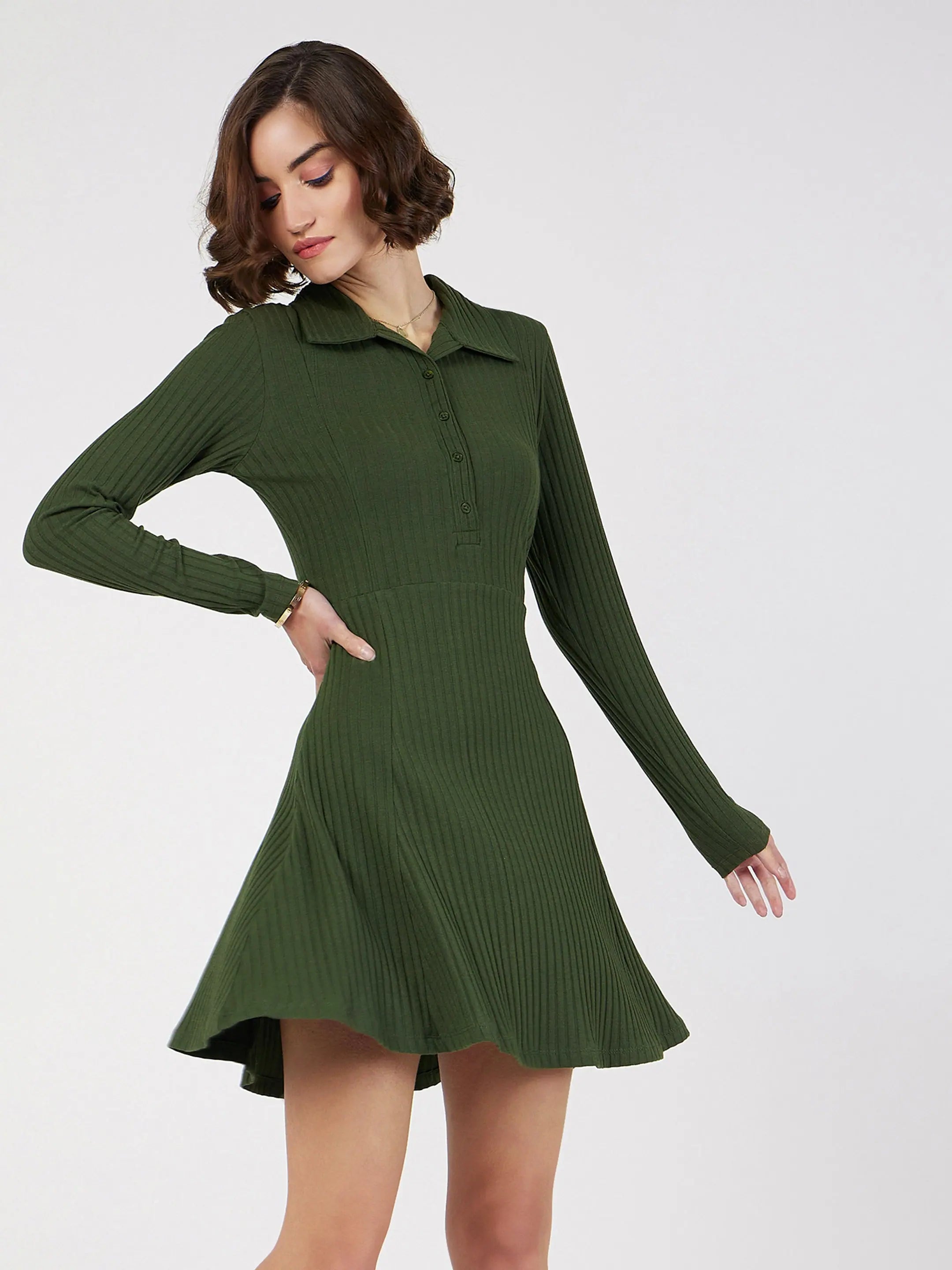 Women's Transitional Garments Women Olive Rib Polo Neck Skater Dress