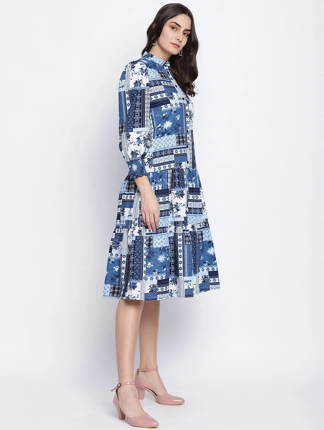 Plus-Size Women's Clothing Winking Blue Cotton Sheeting Button Down Women Dress