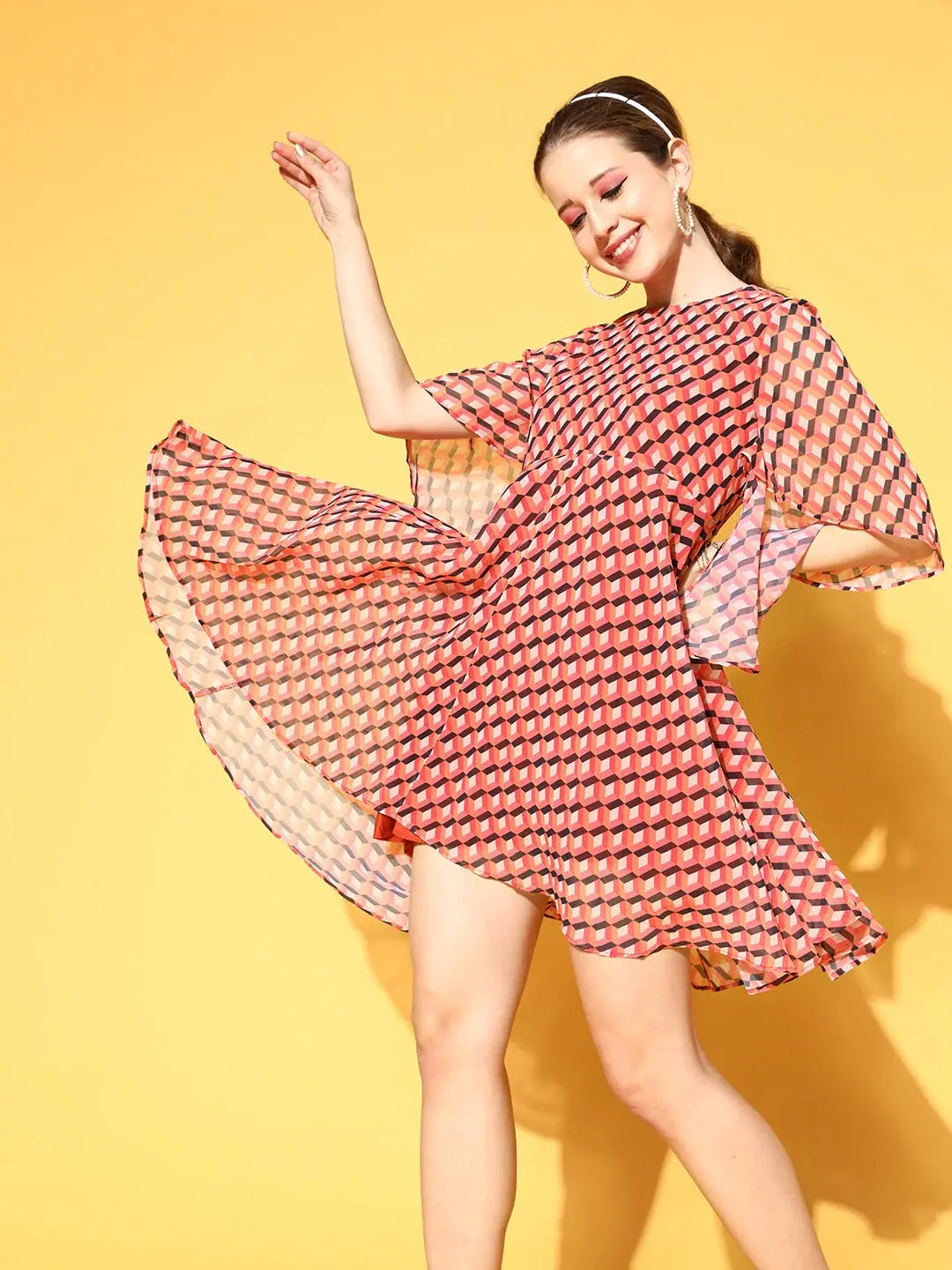 Women's Stylish Outerwear Women Orange Geo Print Cape Flared Dress