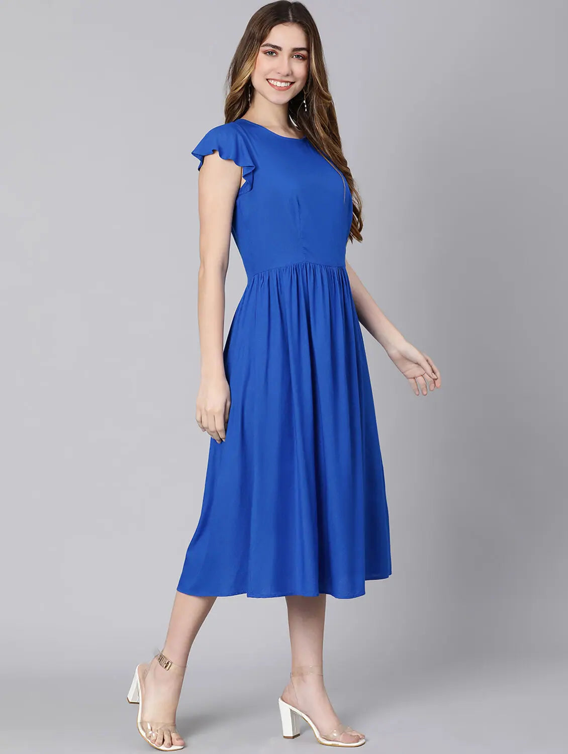 Classic Women's Clothing Styles Season Solid Blue Women Dress