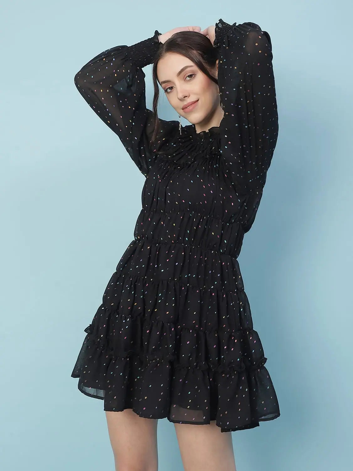 Women's Casual Dresses Oxolloxo Vancy Black With Lining Lurex Print Women Gathered Dress