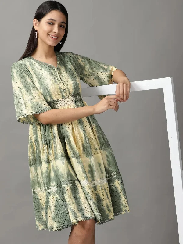 Clothes For Woman Women's Green Tie Dye Fit and Flare Dress-GW-3290-Olive