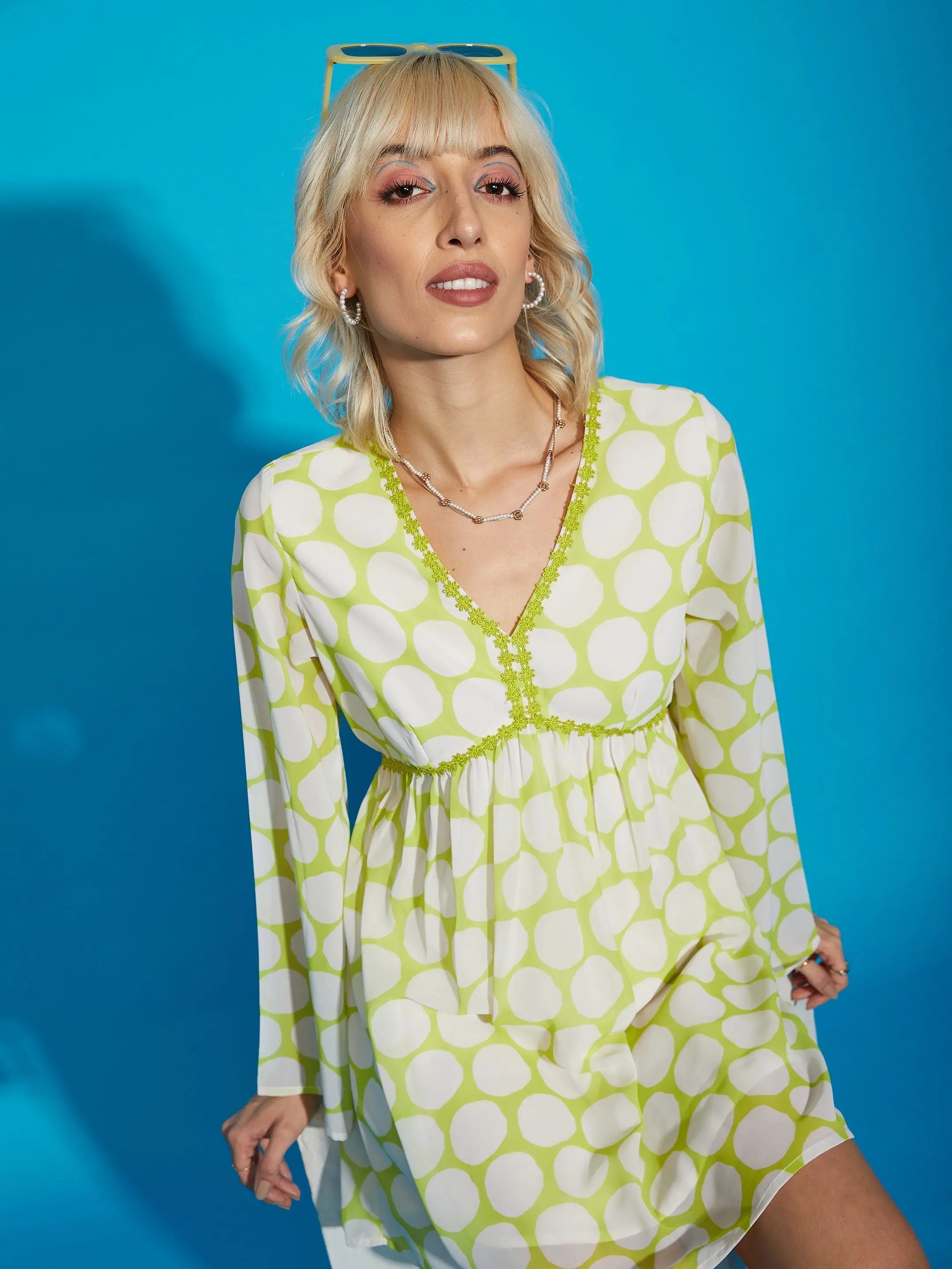 Women's Trendy Outfits Women Green Polka Dot Flared Sleeve Skater Dress