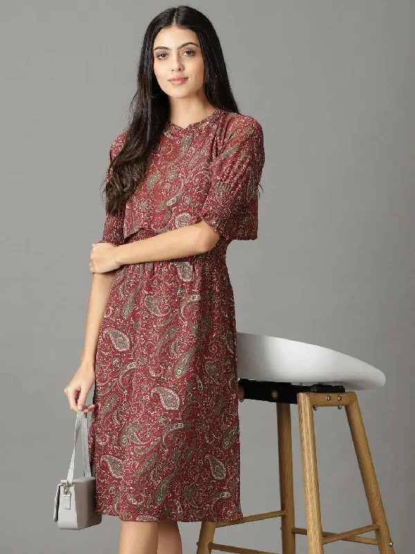 Affordable Women's Clothing Women's Maroon Printed Fit and Flare Dress-AE-15862-Maroon