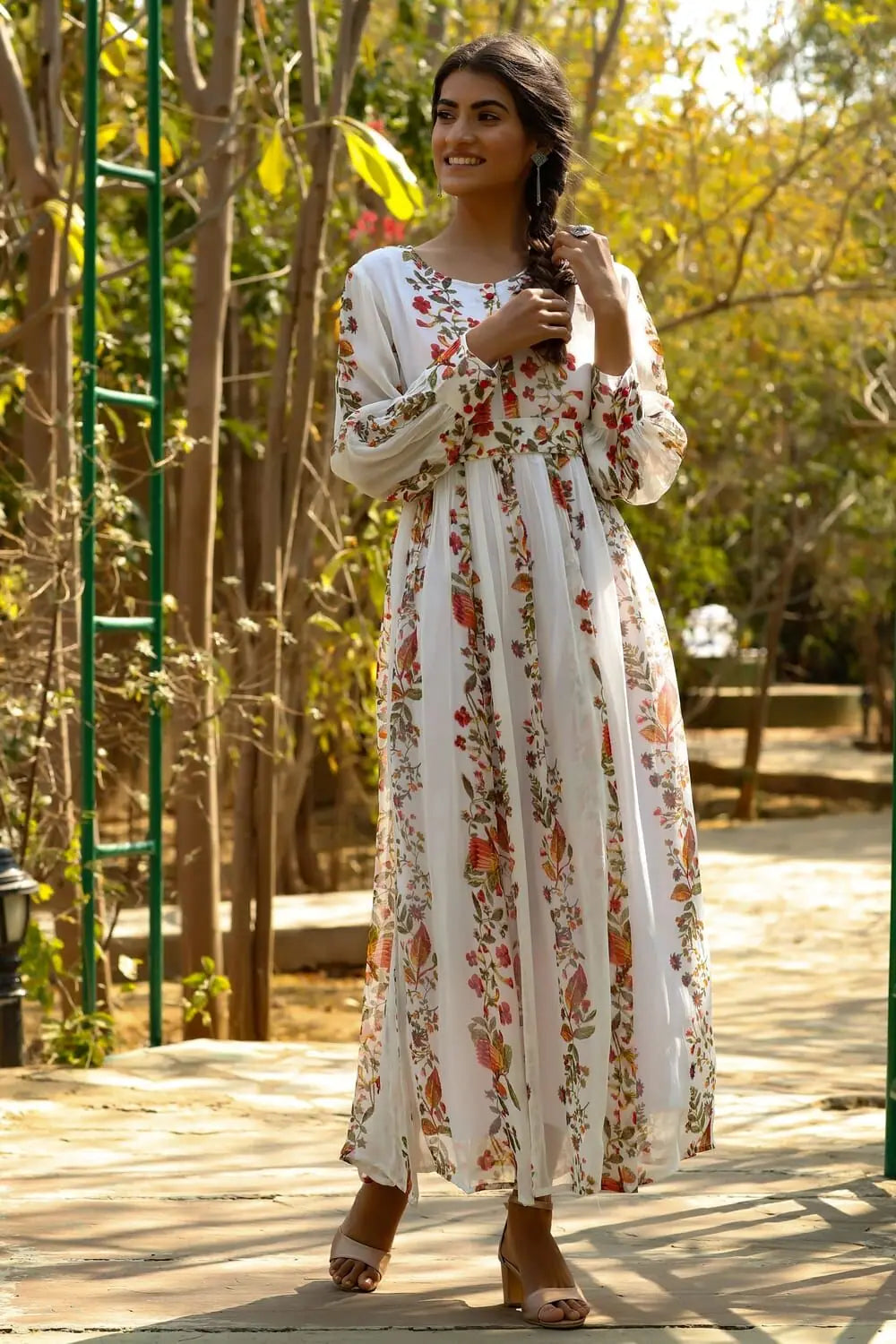 Women's Activewear Outfit Juniper Offwhite Chiffon Printed Flared Dress with Waist Tie-up