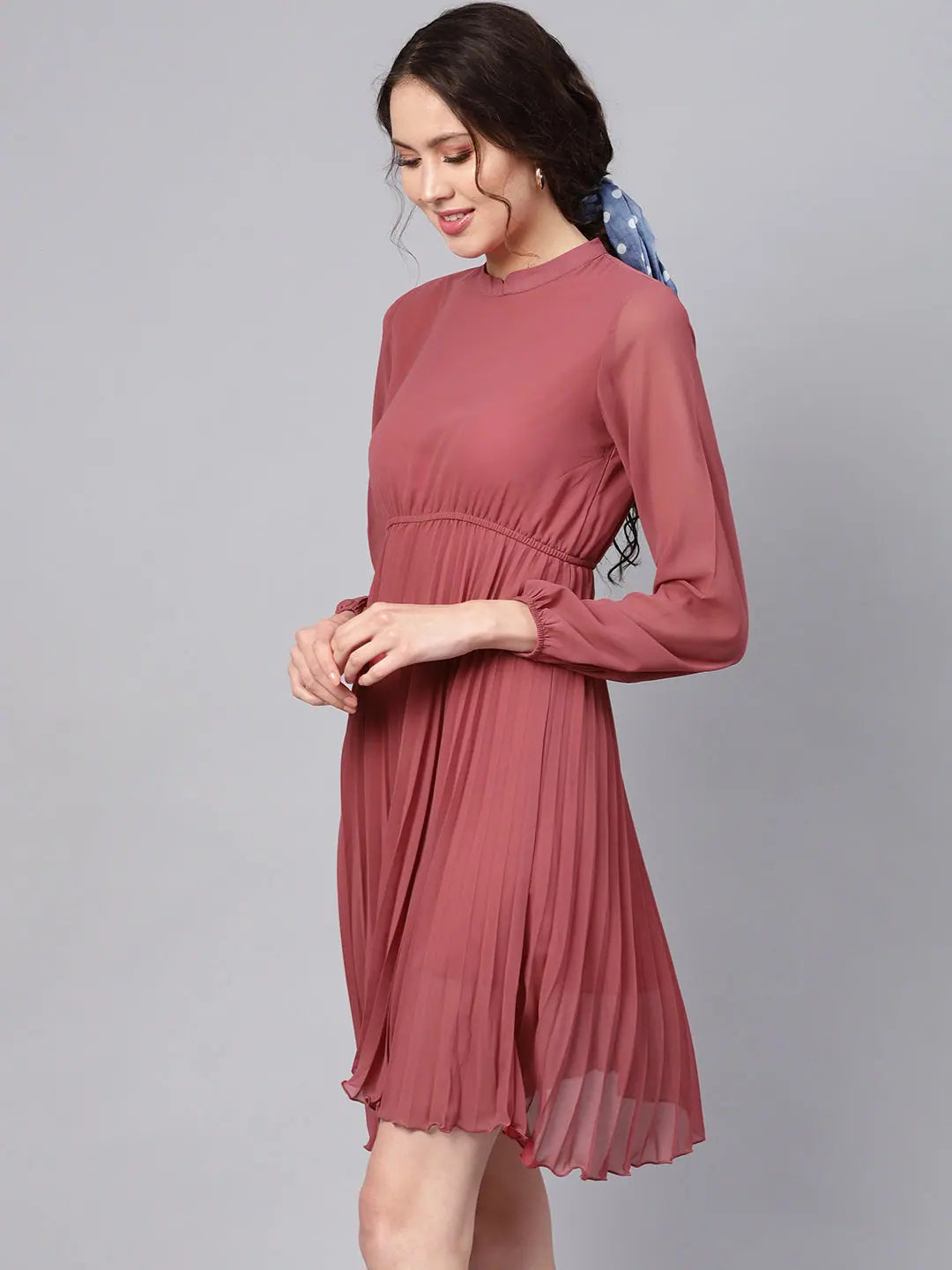 Edgy Fashion Rose Pink Mandrain Collar Pleated Skater Dress