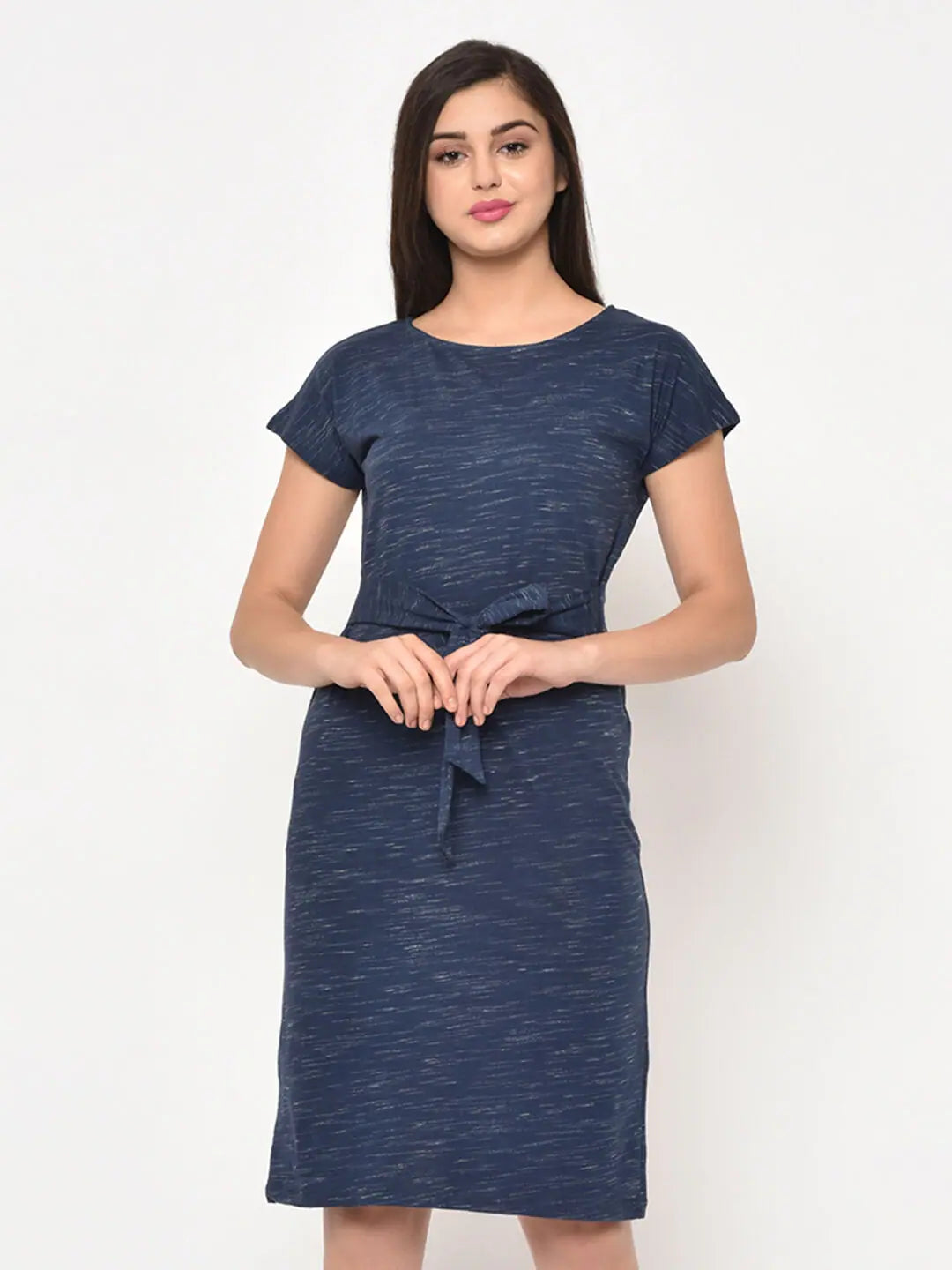 Relaxed Style Rigo Blue Slub Scoop Neck Knee Length Dress For Women