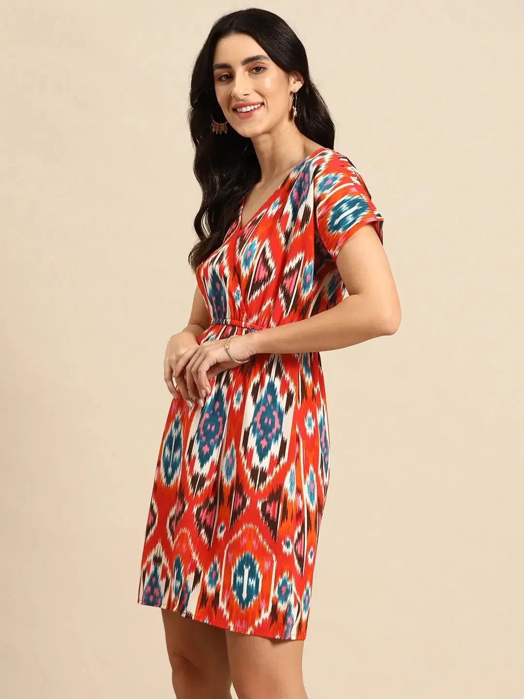 Women's Elegant Garments Overlap printed kimono sleeve short dress in Red Ikkat Print