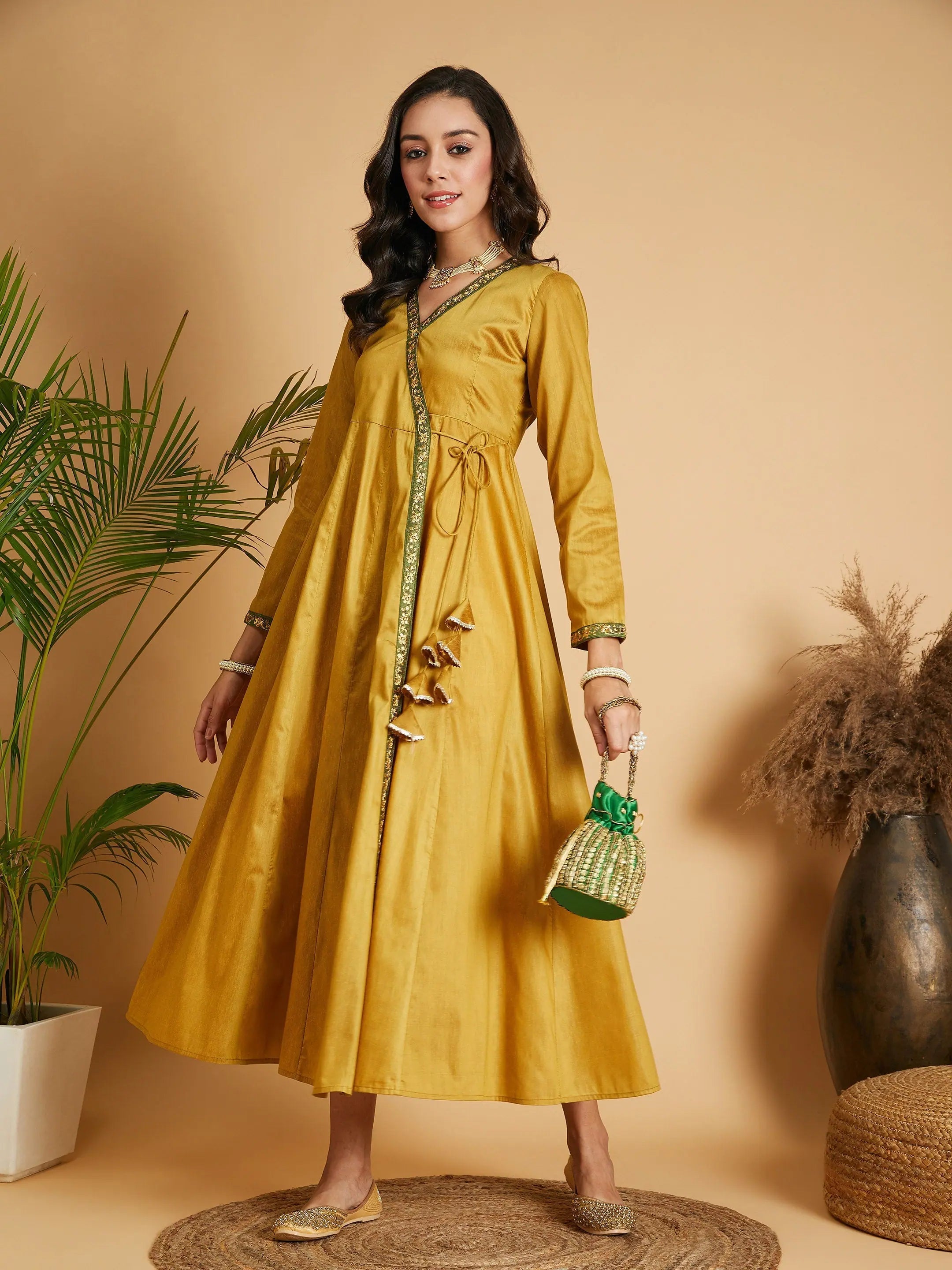 Women's Clothing For Outdoor Activities Women Mustard Angrakha Anarkali Dress With Slip