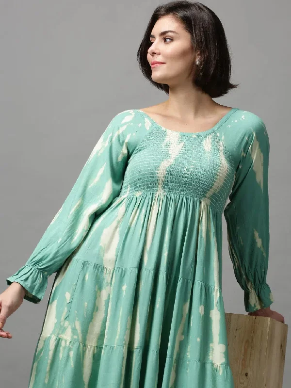 Women's Clothing For Everyday Wear Women's Sea Green Tie Dye Fit and Flare Dress-ON-582-Seagreen