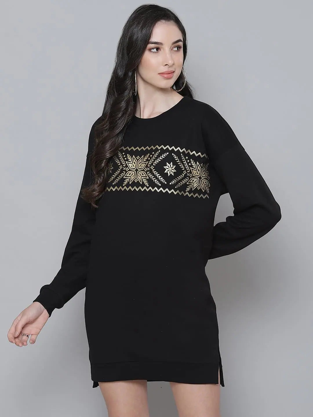 Comfortable Garments For Women Black Terry Border Print Sweat Dress