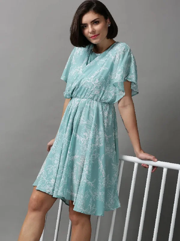 Timeless Women's Clothes Women's Green Printed Fit and Flare Dress-AE-15615-Seagreen
