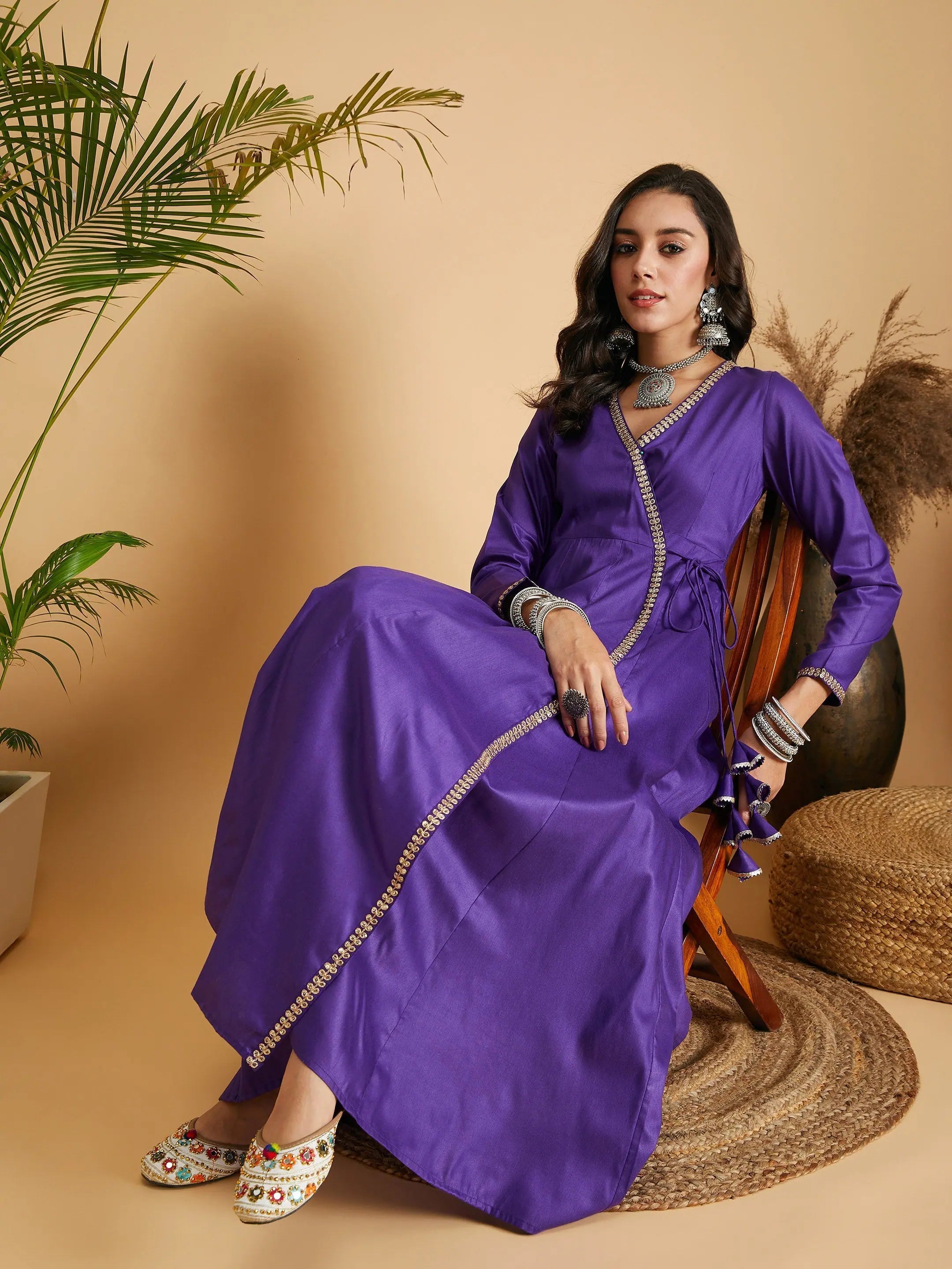 Women's Clothing Outfit Set Women Purple Angrakha Anarkali Dress With Slip