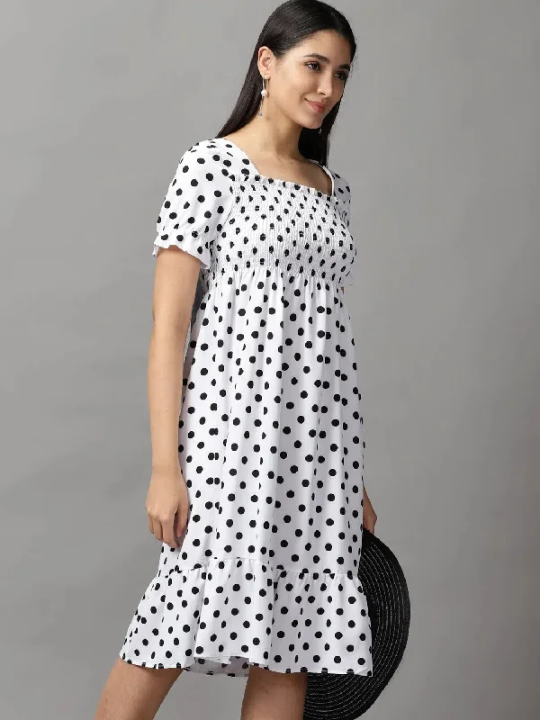 Women's Functional Outfit For Outdoor Activities Women's White Polka Dots Fit and Flare Dress-ARN-6618-White