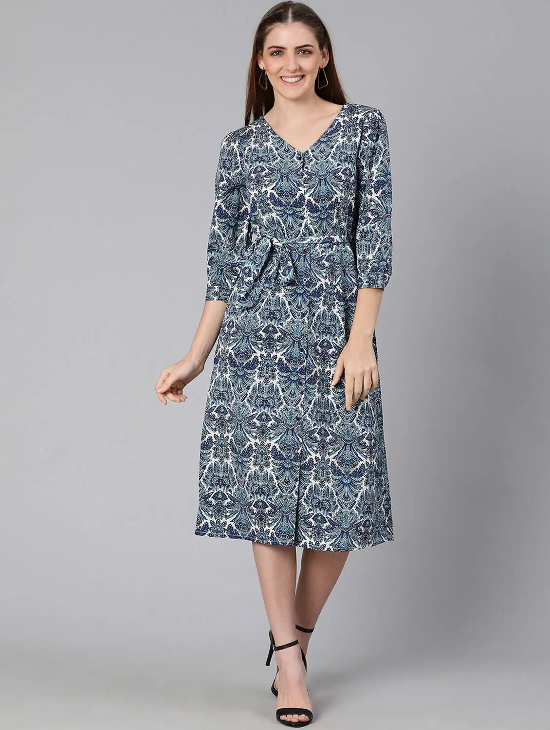 Women's Casual Garments Airey Blue Tropical Print Tie-Knotted Women Dress